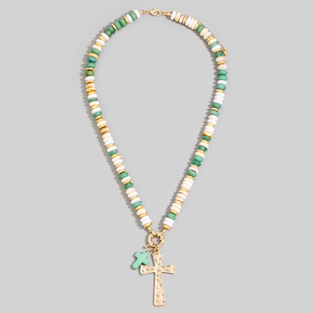 Acrylic Disc Beaded Double Cross Pendant Necklace
