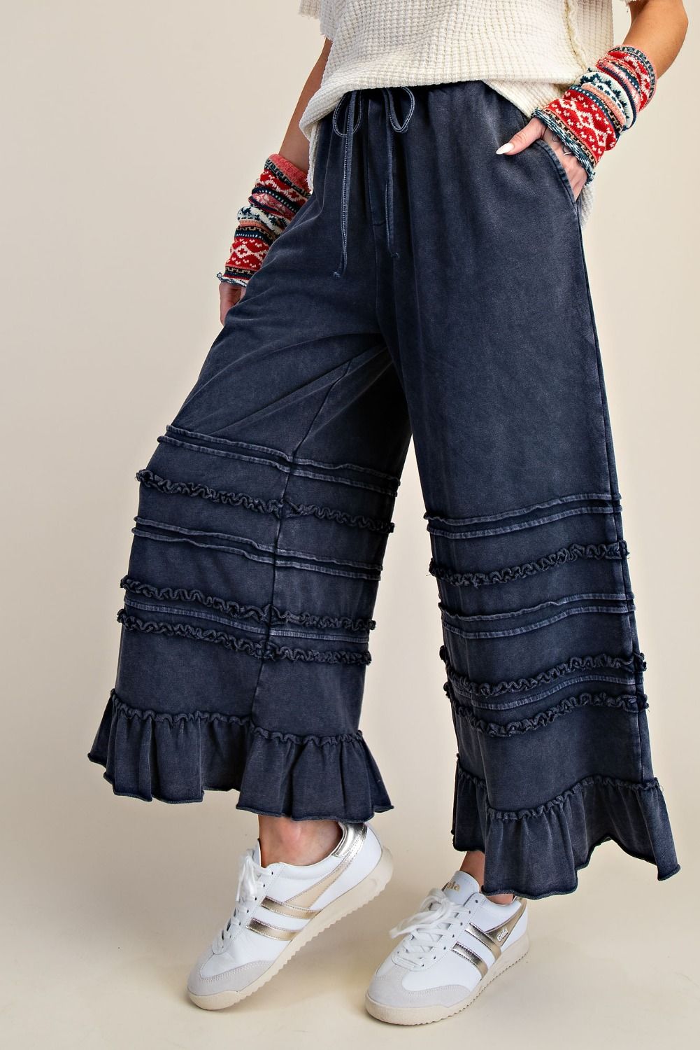 Easel Washed Terry Tiered Ruffle Wide Leg Pants