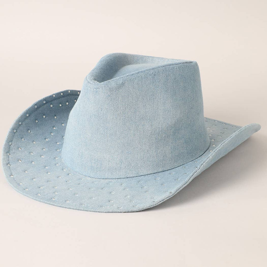 Cubic Embellished Denim Cowboy Hat