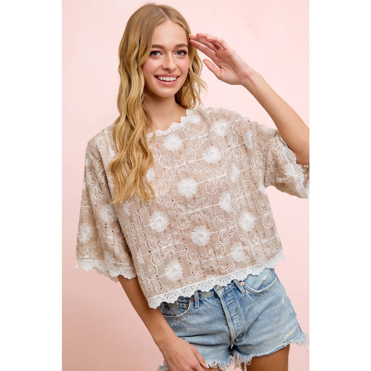 Flower Embroidery and Lace Boho Casual Short Sleeve Top