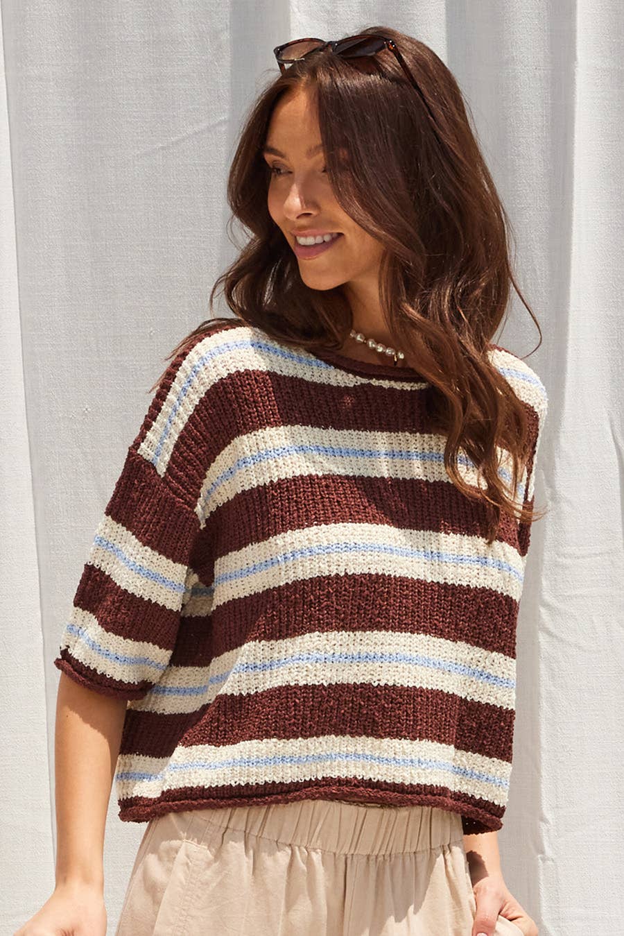 3/4 Sleeve Slouchy Striped Knit Top