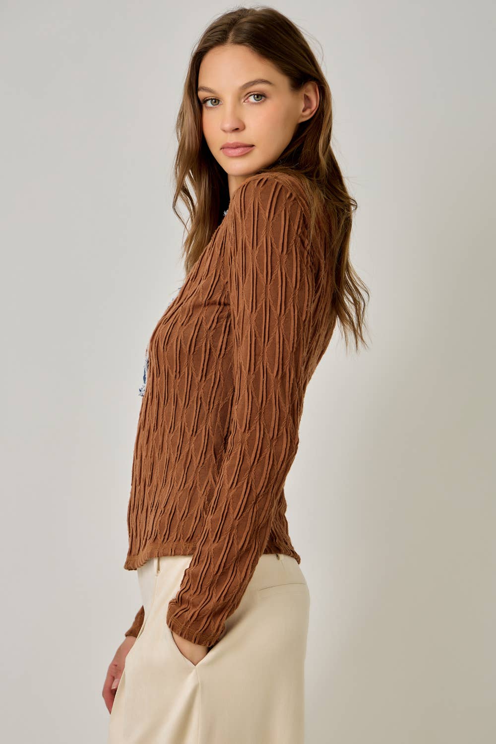 Denim Mix Textured Knit Henley Top