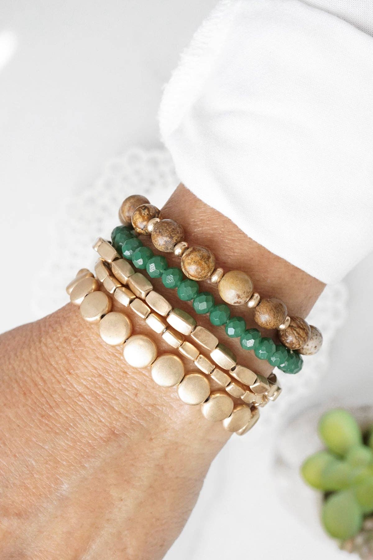 Boho Beaded Bracelet Stack Green Brown and worn gold tone - Set of 5
