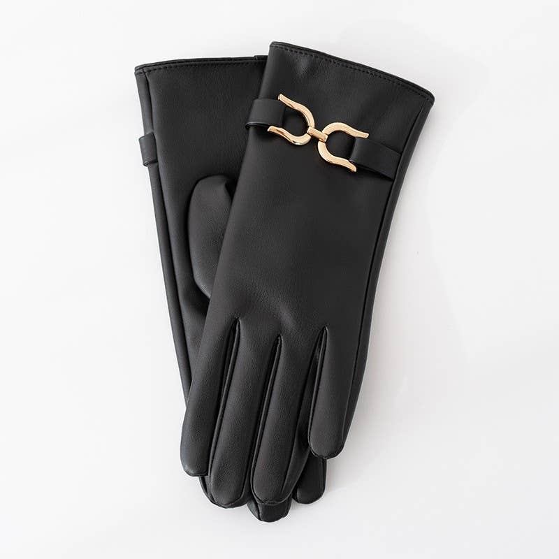 Faux Leather Gloves with Gold Buckle Detail