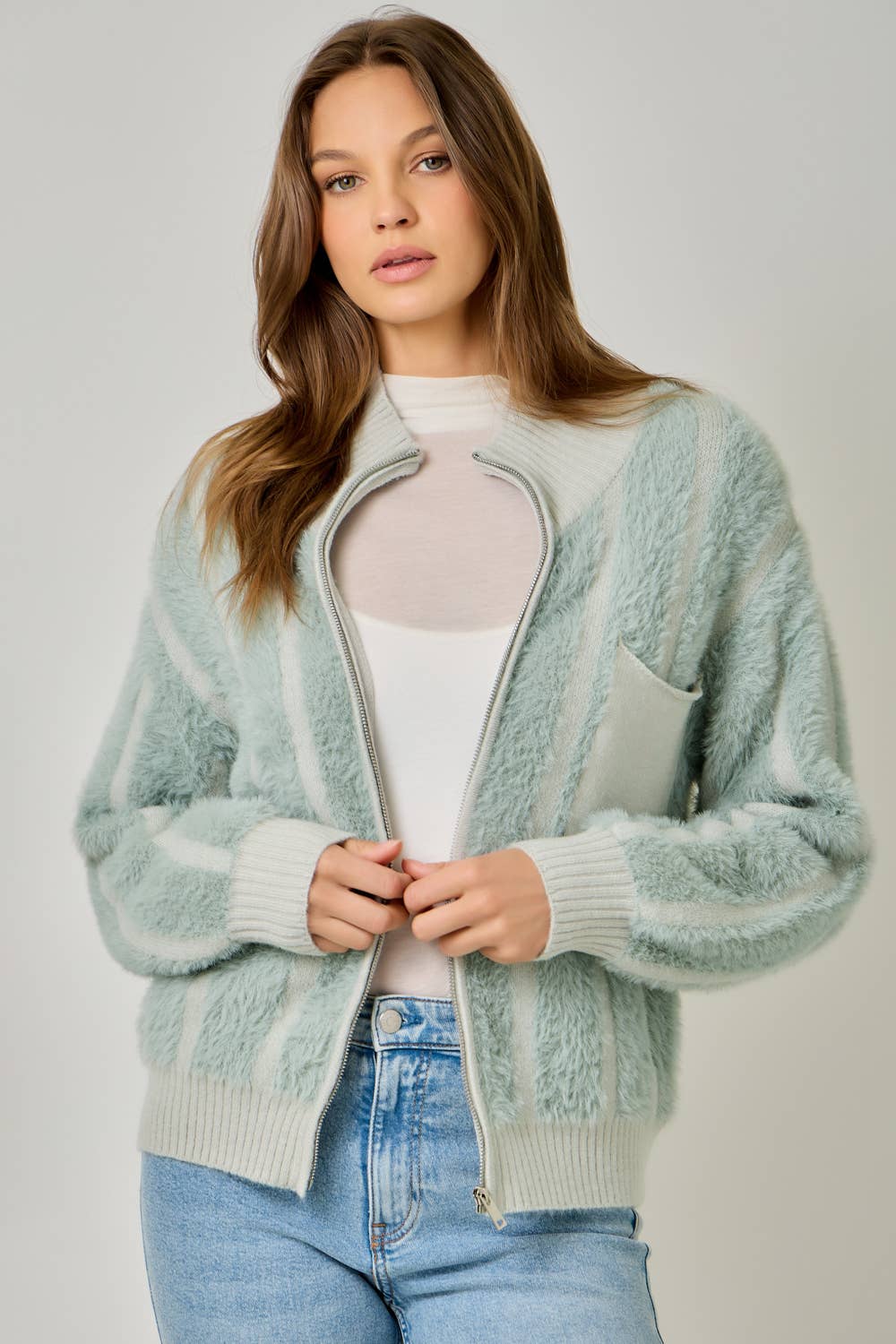 Fuzzy Zip-Up Sweater Jacket