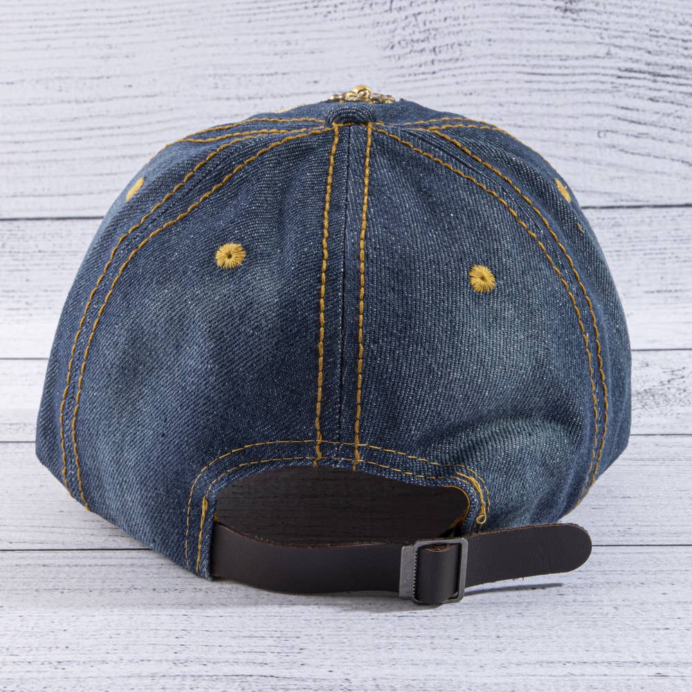 Sequin Crown Rhinestone Distressed Denim Baseball Cap