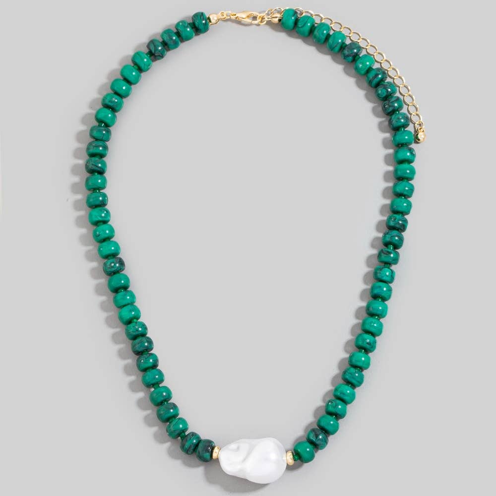 Pearl Pendant Green Stone Beaded Necklace