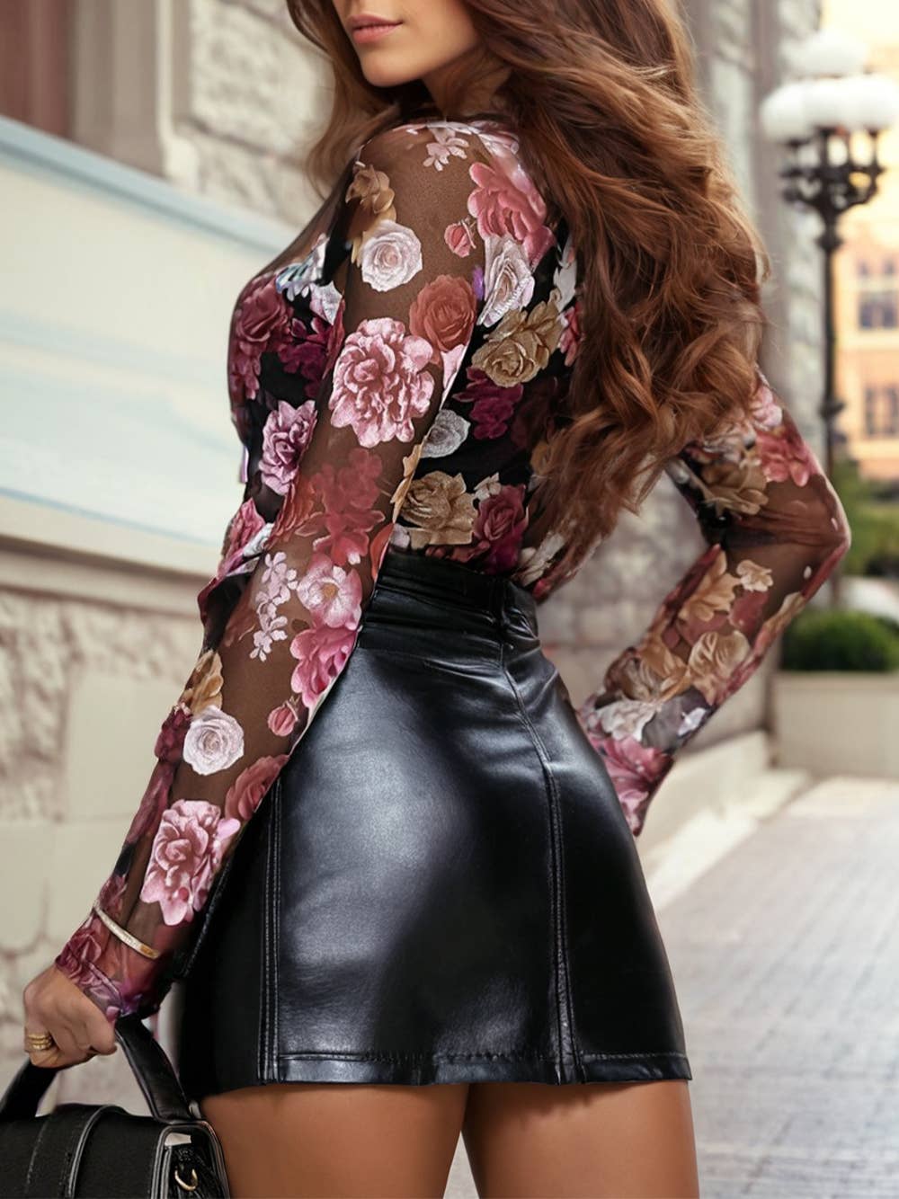 Floral Print Long Sleeve Round Neck Mesh Slim Top