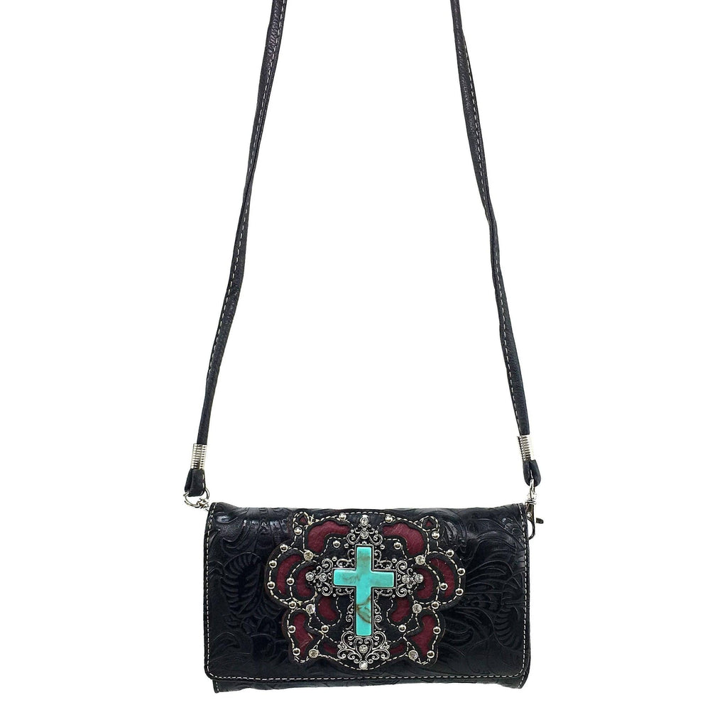 Turquoise Cross Floral Carving Crossbody Black Wallet