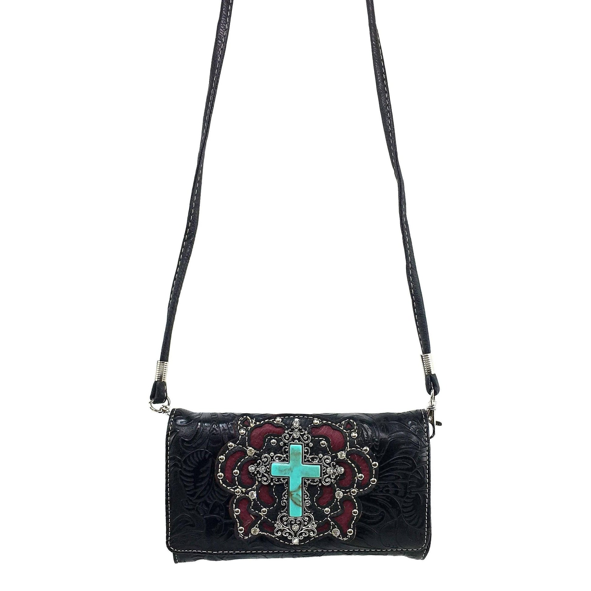 Turquoise Cross Floral Carving Crossbody Black Wallet