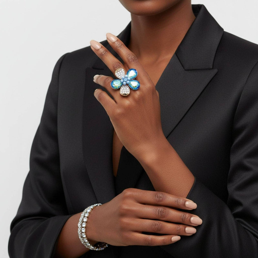 Cocktail Ring Mixed Blue Teardrop Crystal Flower