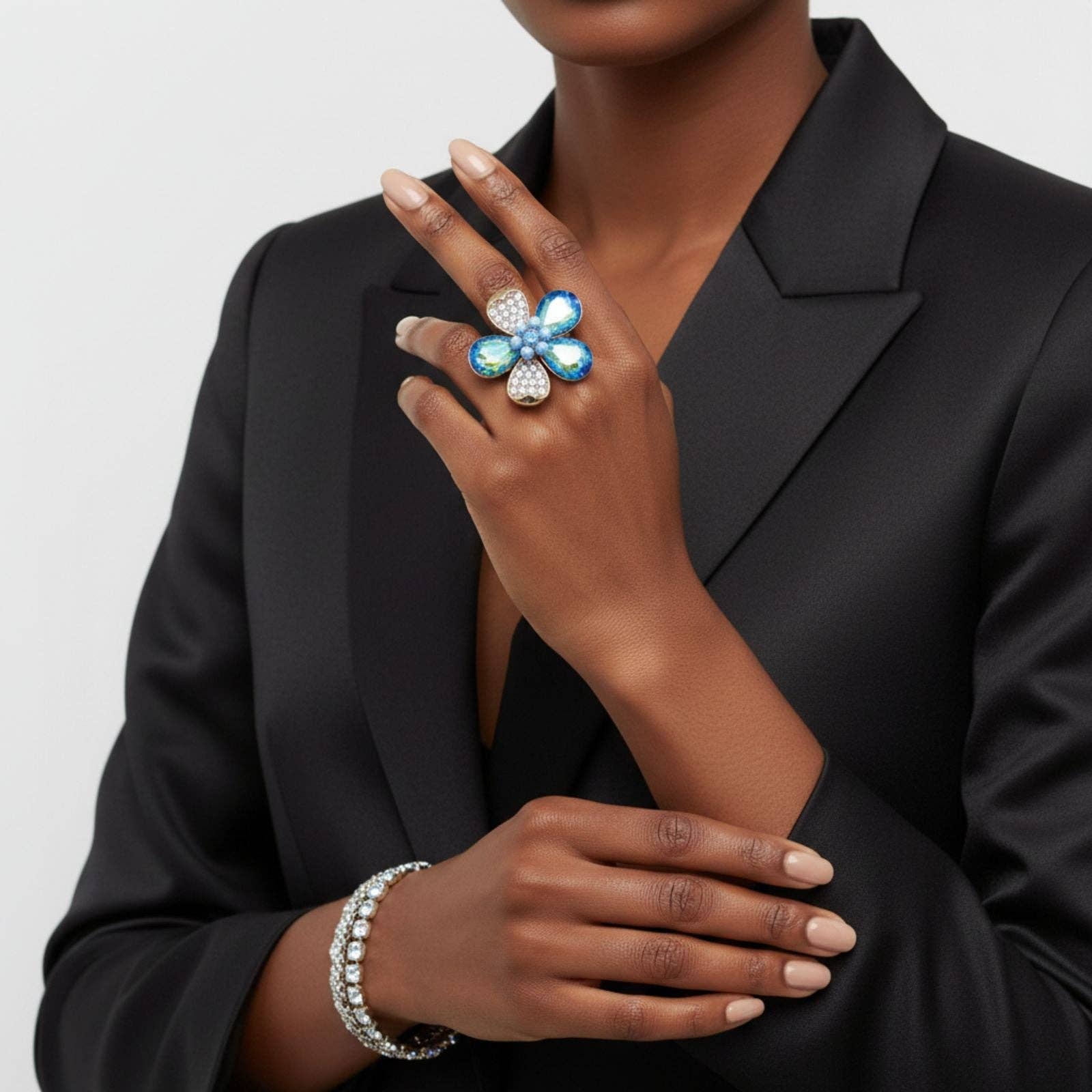 Cocktail Ring Mixed Blue Teardrop Crystal Flower