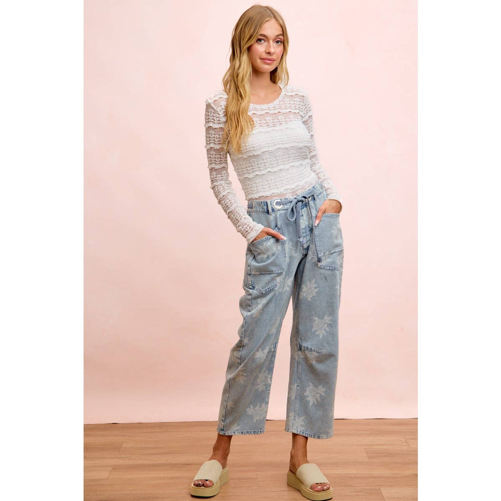 ROSE PRINTED WASHED DENIM PANTS WITH WAIST BELT