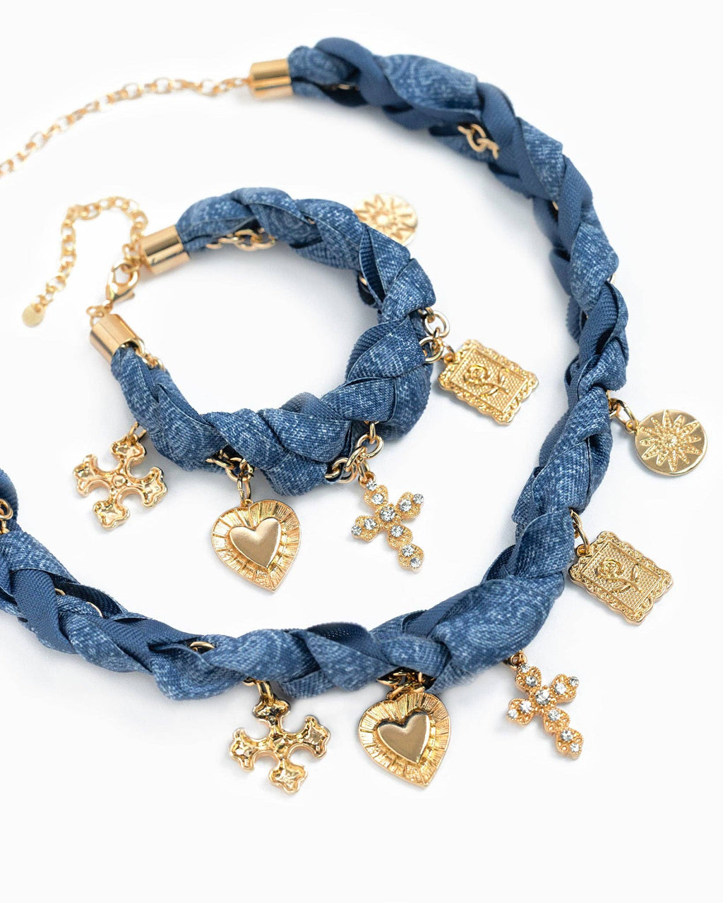 Denim Chunky Scarf Cross Heart Charm Necklace