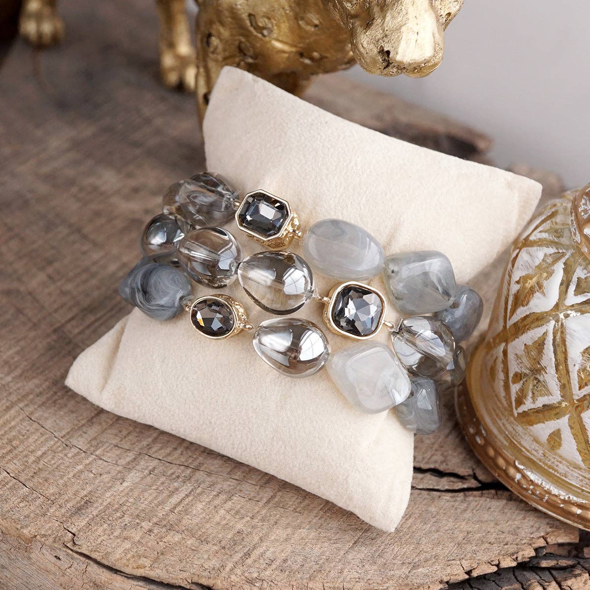 Smoky Radiance – Sculpted Bead & Crystal Stretch Bracelet Set