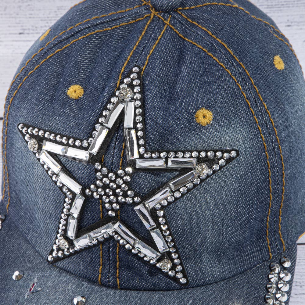Crystal Star Studded Brim Denim Baseball Cap