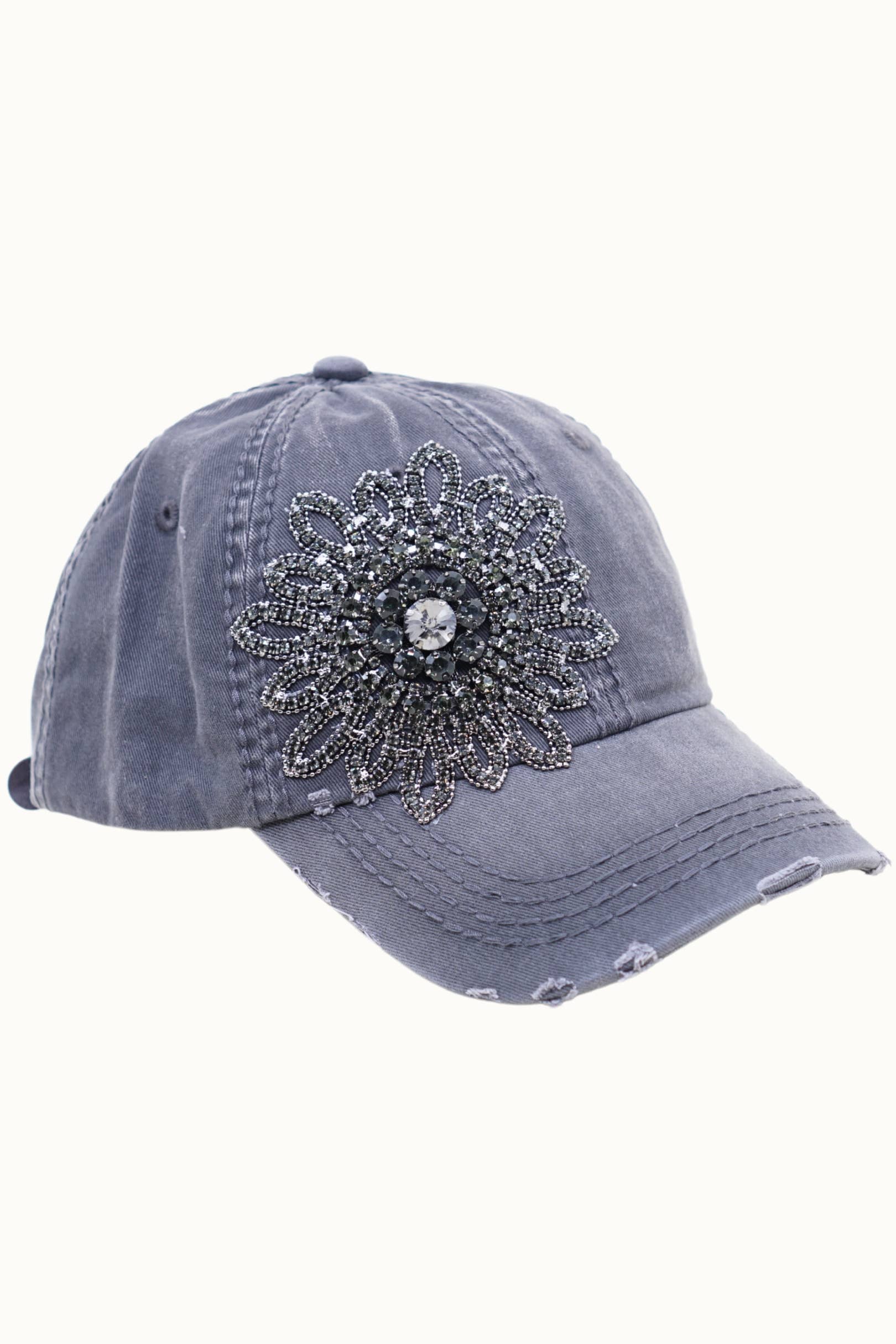 Sunflower Bejeweled Glitz Distressed Cap, Adjustable
