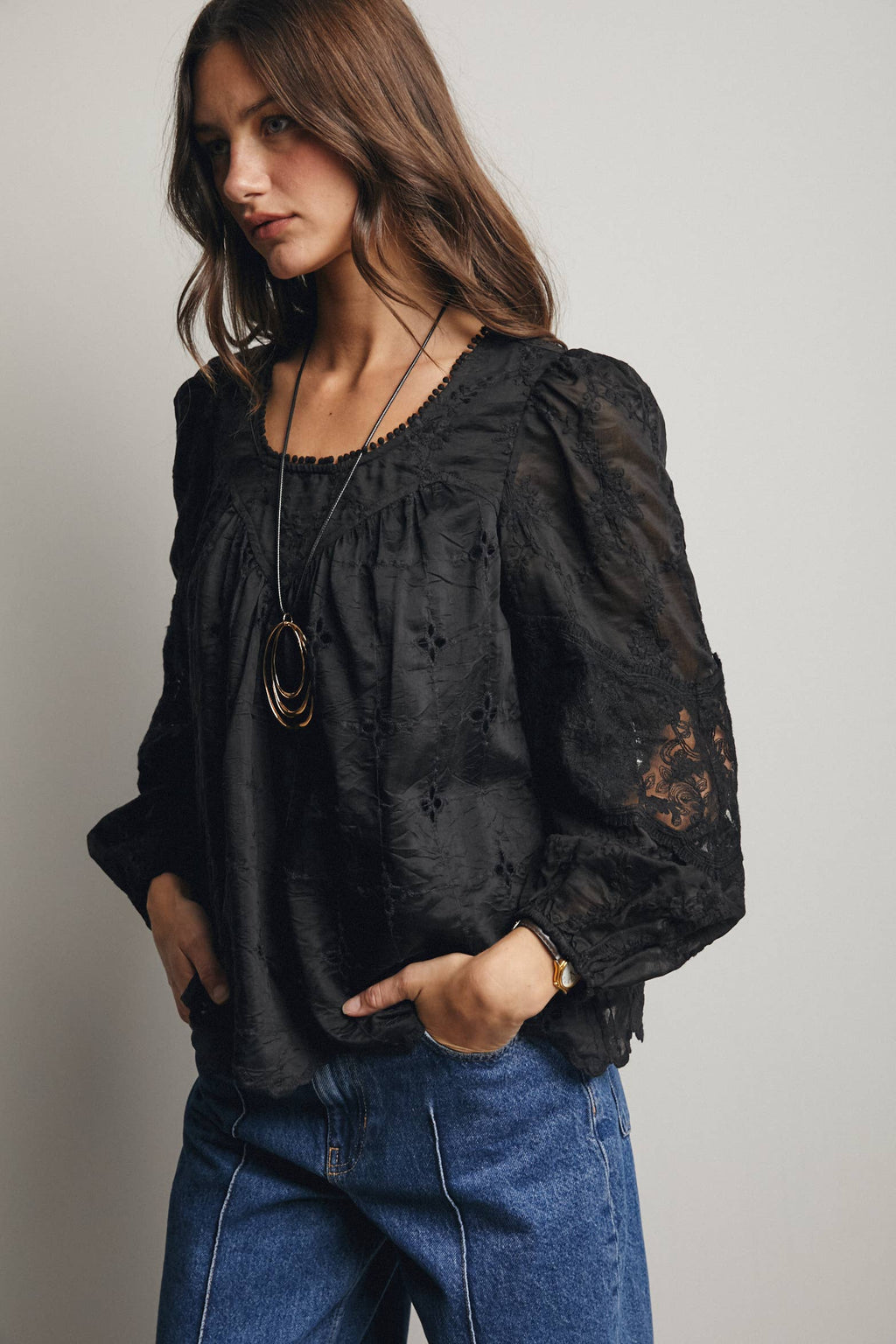 Embroidered Lace Puff Sleeve Blouse
