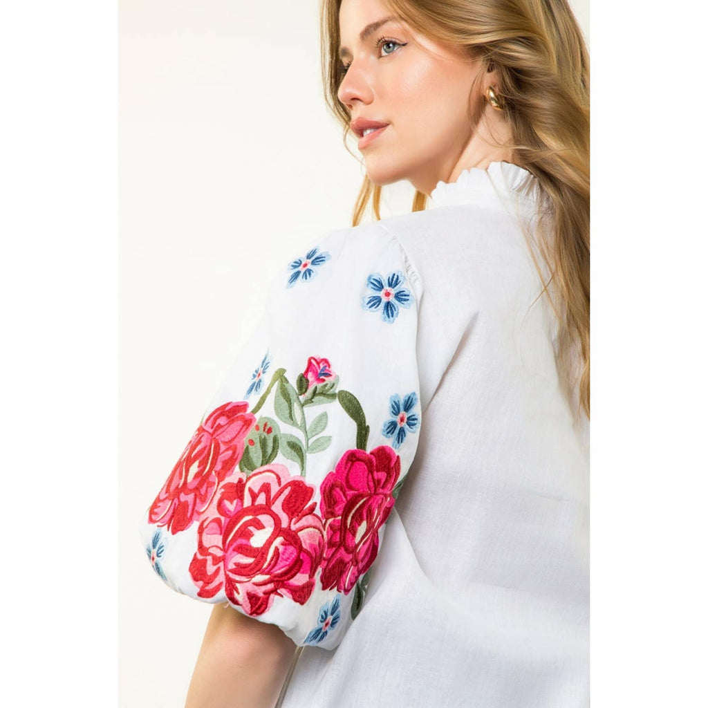Flower Embroidered Puff Sleeve Top