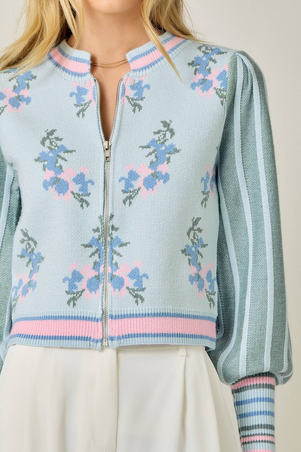 Sweater Floral Zip Bomber Jacket