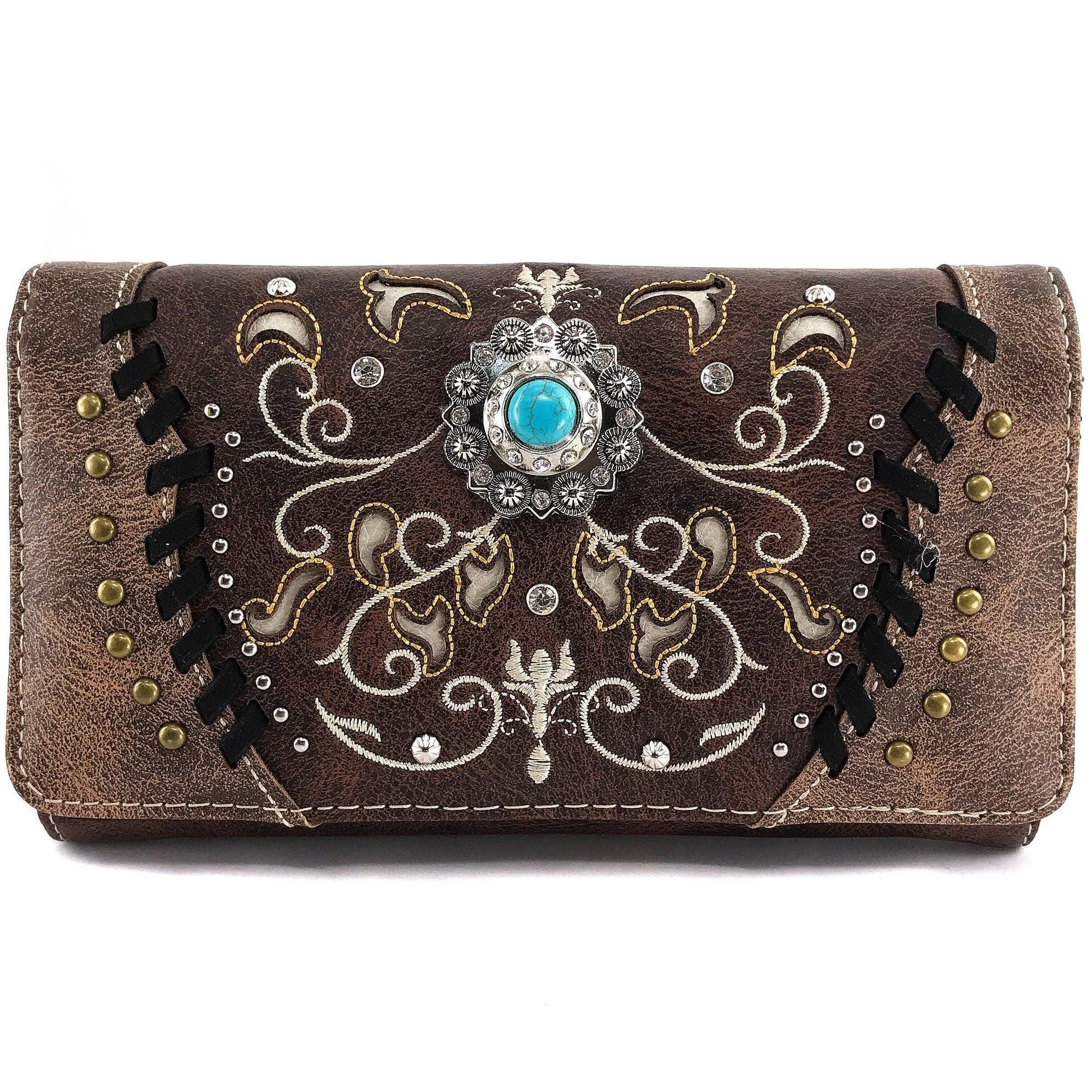 Turquoise Concho Floral Embroidery Crossbody Wallet