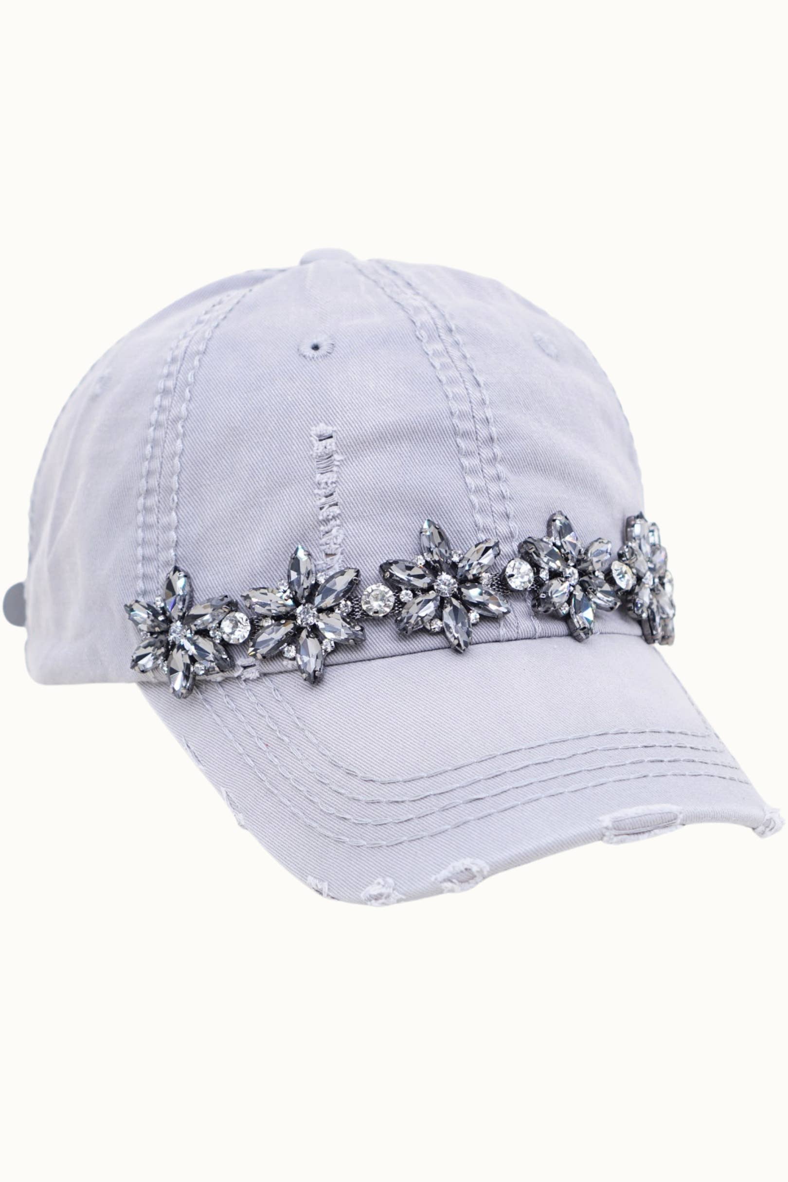Bejeweled Bling Glitz Distressed Cap, Adjustable