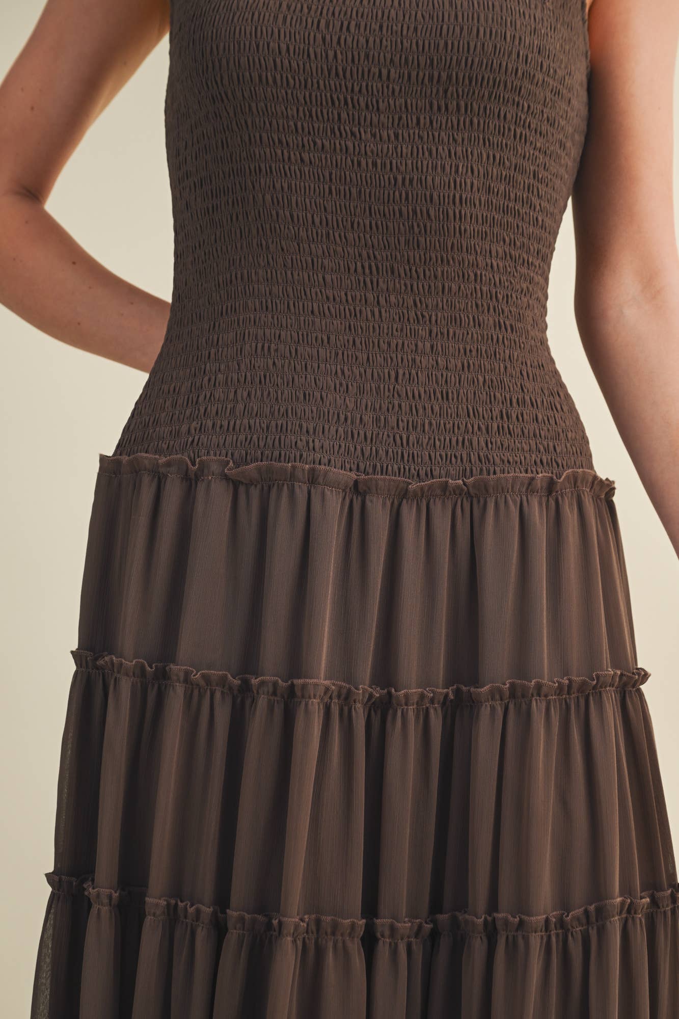 Smocked Boat Neck Tiered Maxi Dress