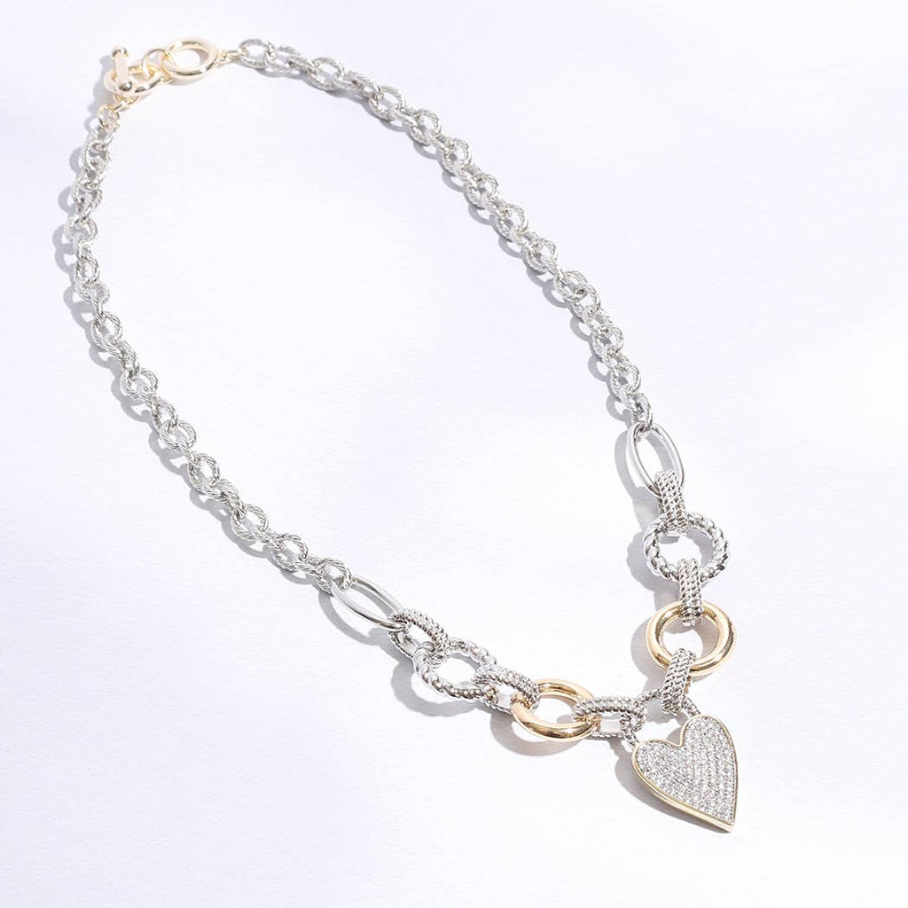 Pave Heart Charm Link Chain Necklace
