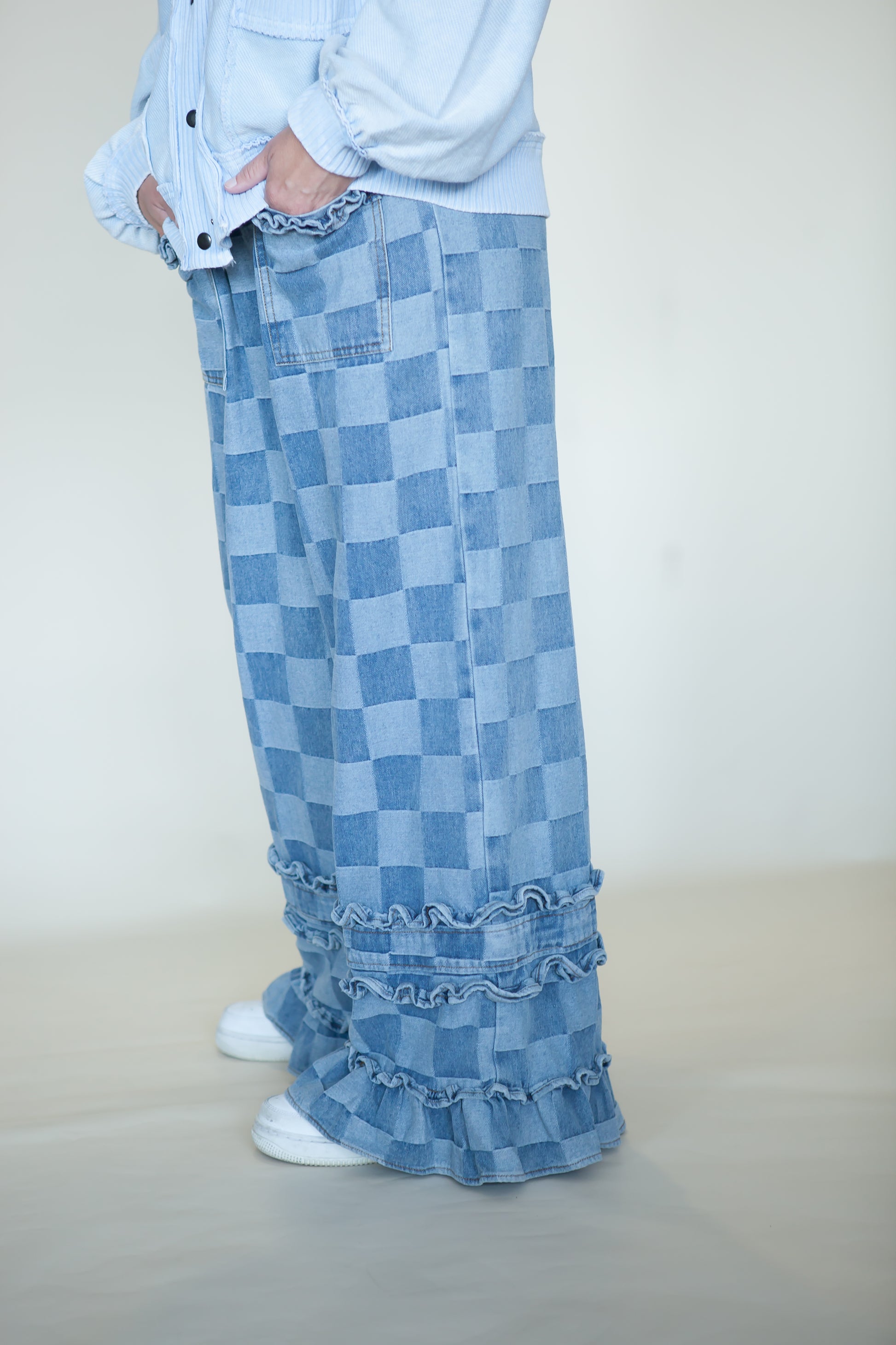 Stevie Checkered Ruffle Wide Leg Jeans