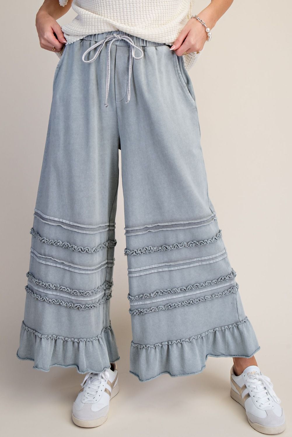 Easel Washed Terry Tiered Ruffle Wide Leg Pants