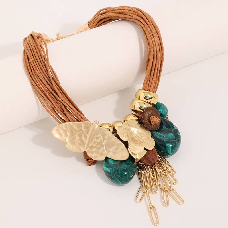 Floral & Teal Drop Chunky Necklace in Green/Gold