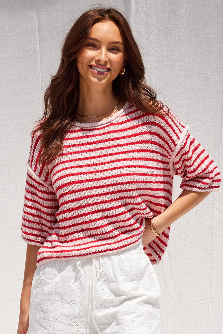 Loose Fit 3/4 Sleeve Striped Crew Neck Top