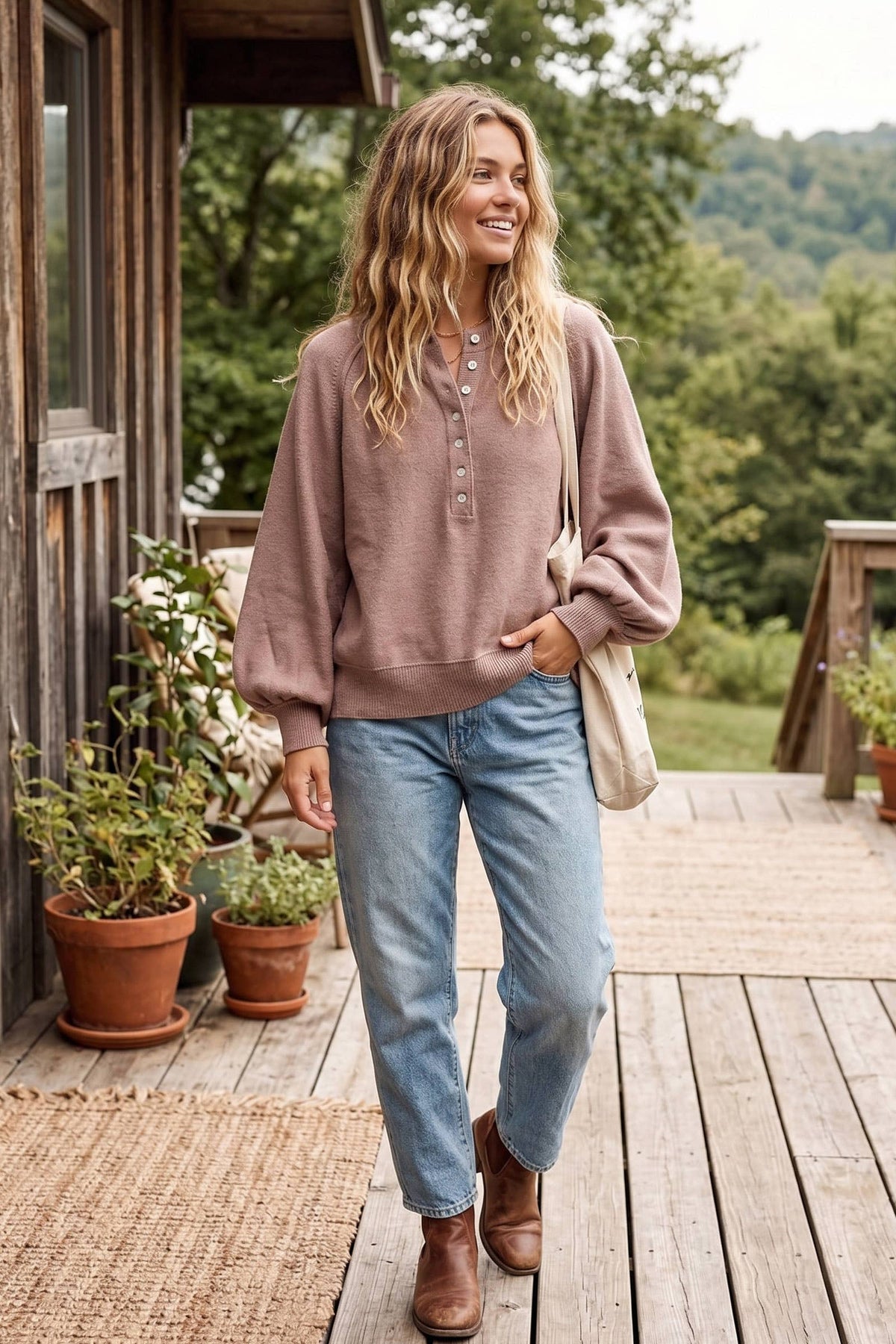 Canyon Henley Balloon Sleeve Sweater