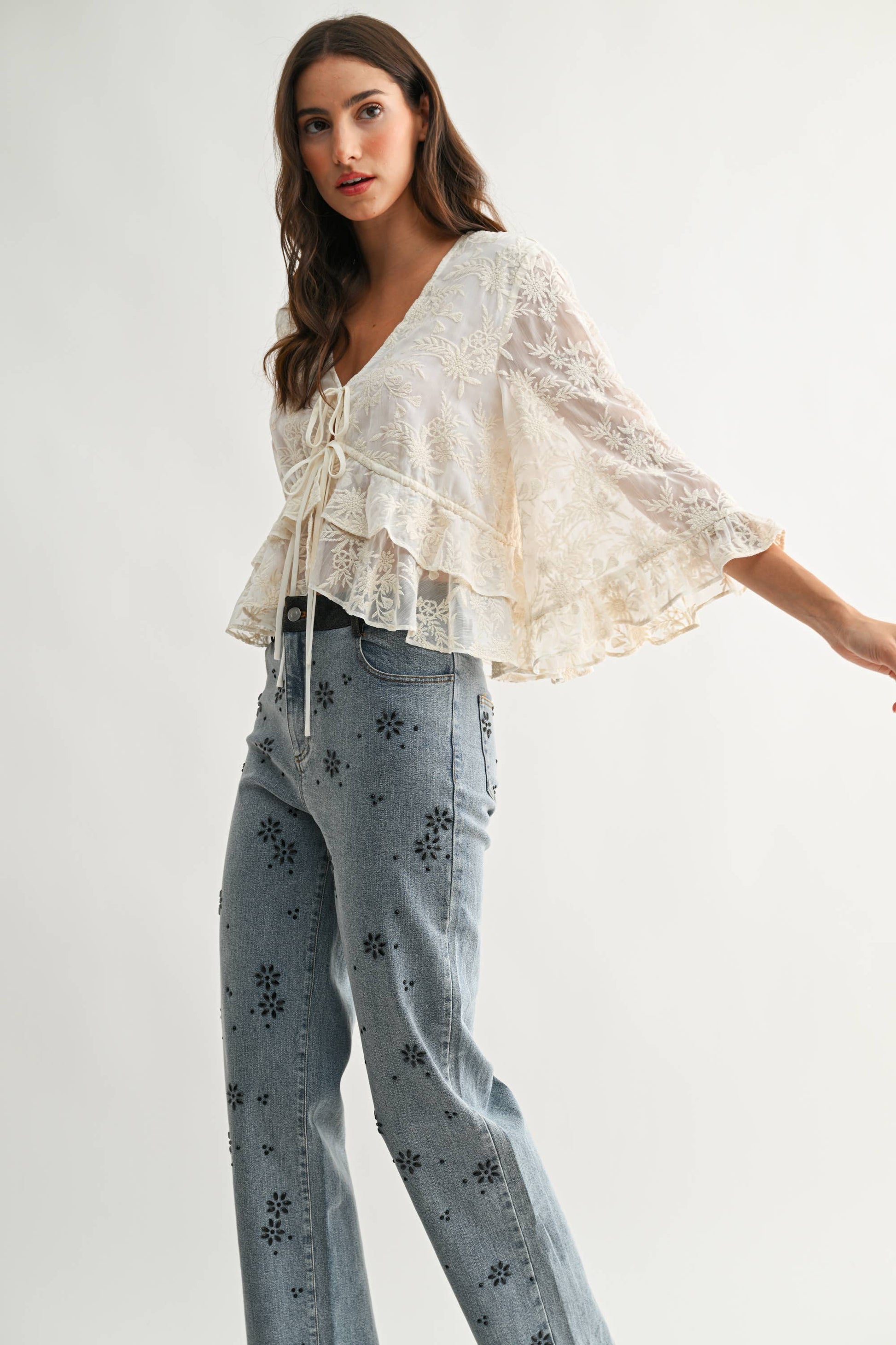 Boho Embroidered Sheer Blouse Flowy Bell Sleeves