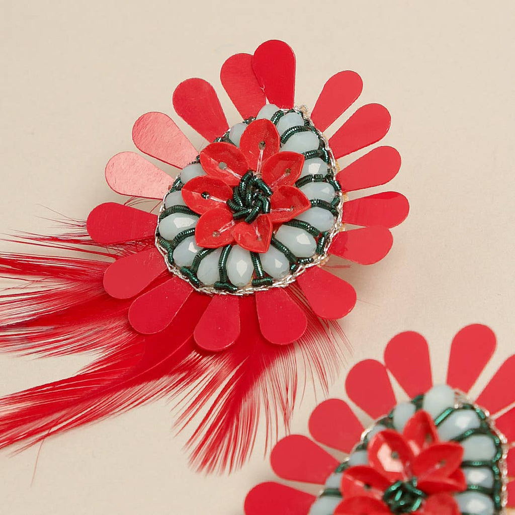 Boho Tribal Earrings with Feather Drop