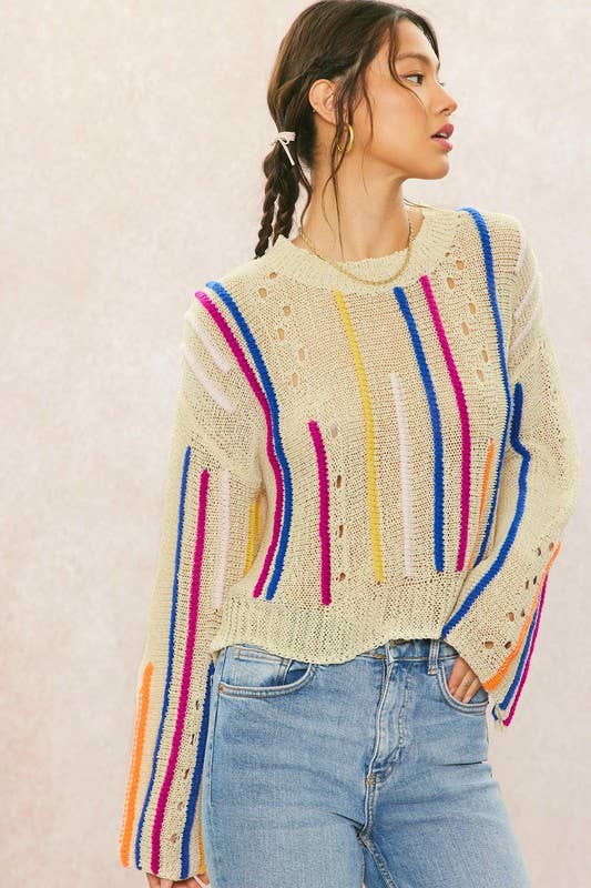 Rainbow Stitch Bell Sleeve Sweater