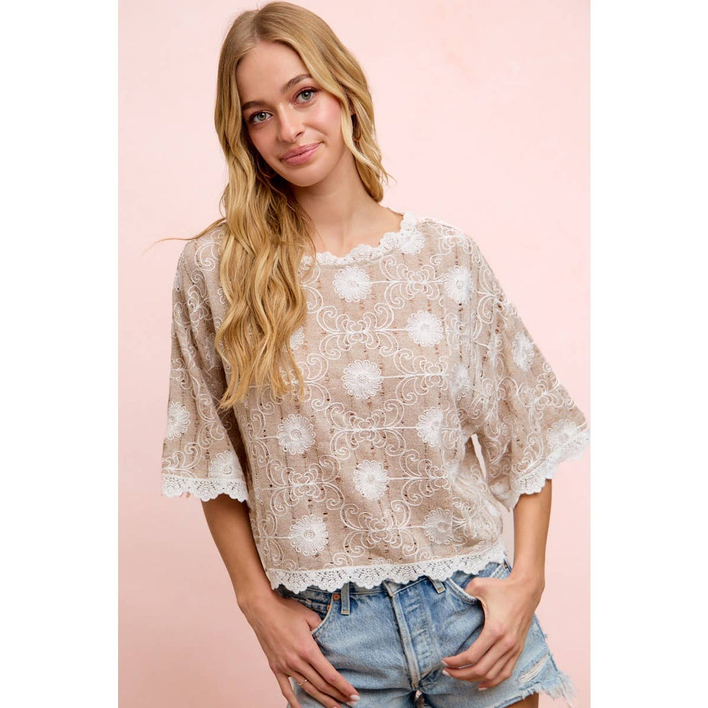 Flower Embroidery and Lace Boho Casual Short Sleeve Top