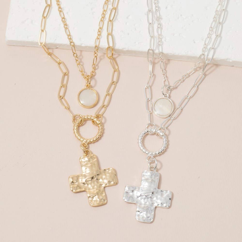 Hammered Cross Pendant Layered Necklace