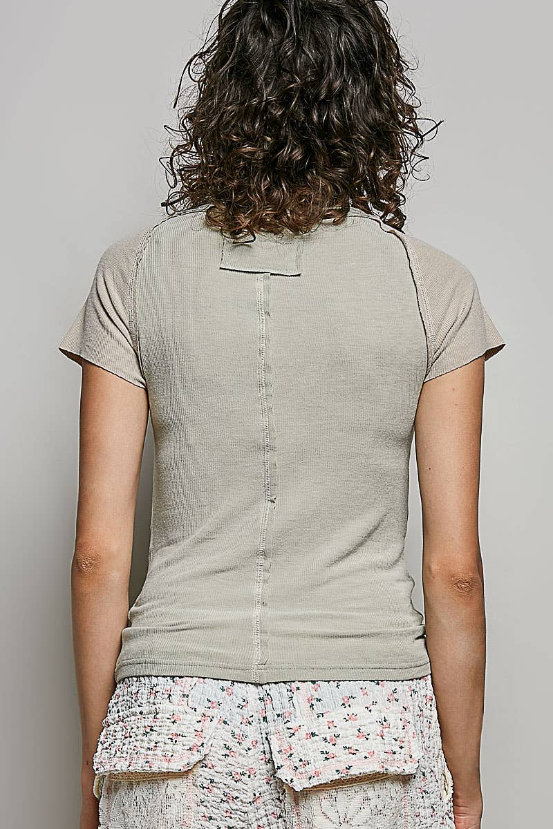 Round Neck Raglan Sleeve Contrast Solid Fitted Rib Top