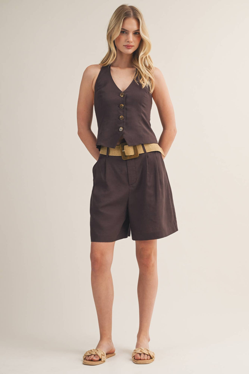 V-Neck Button Front Halter Vest