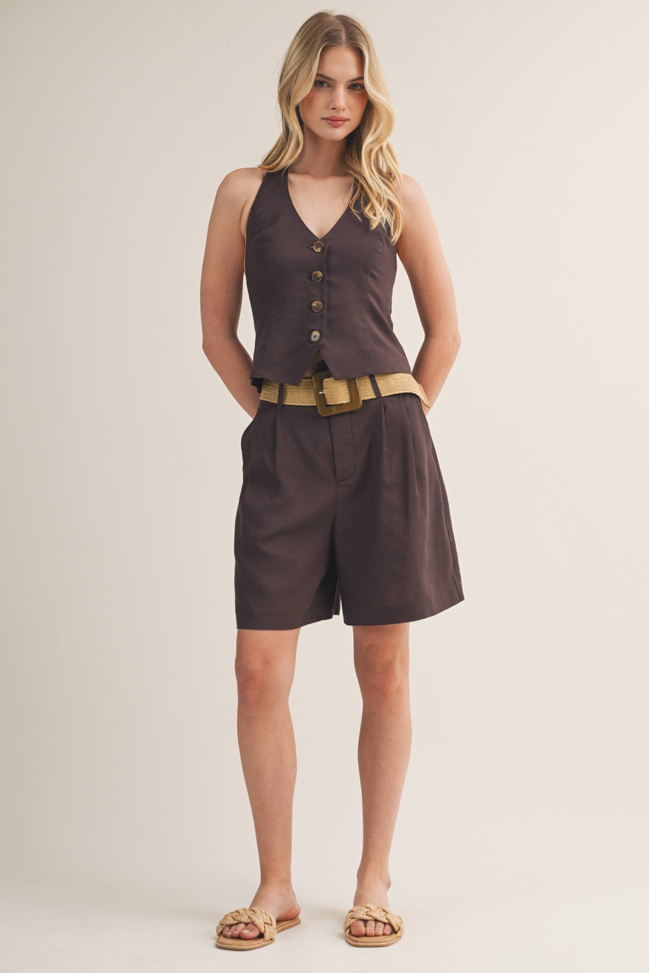 V-Neck Button Front Halter Vest