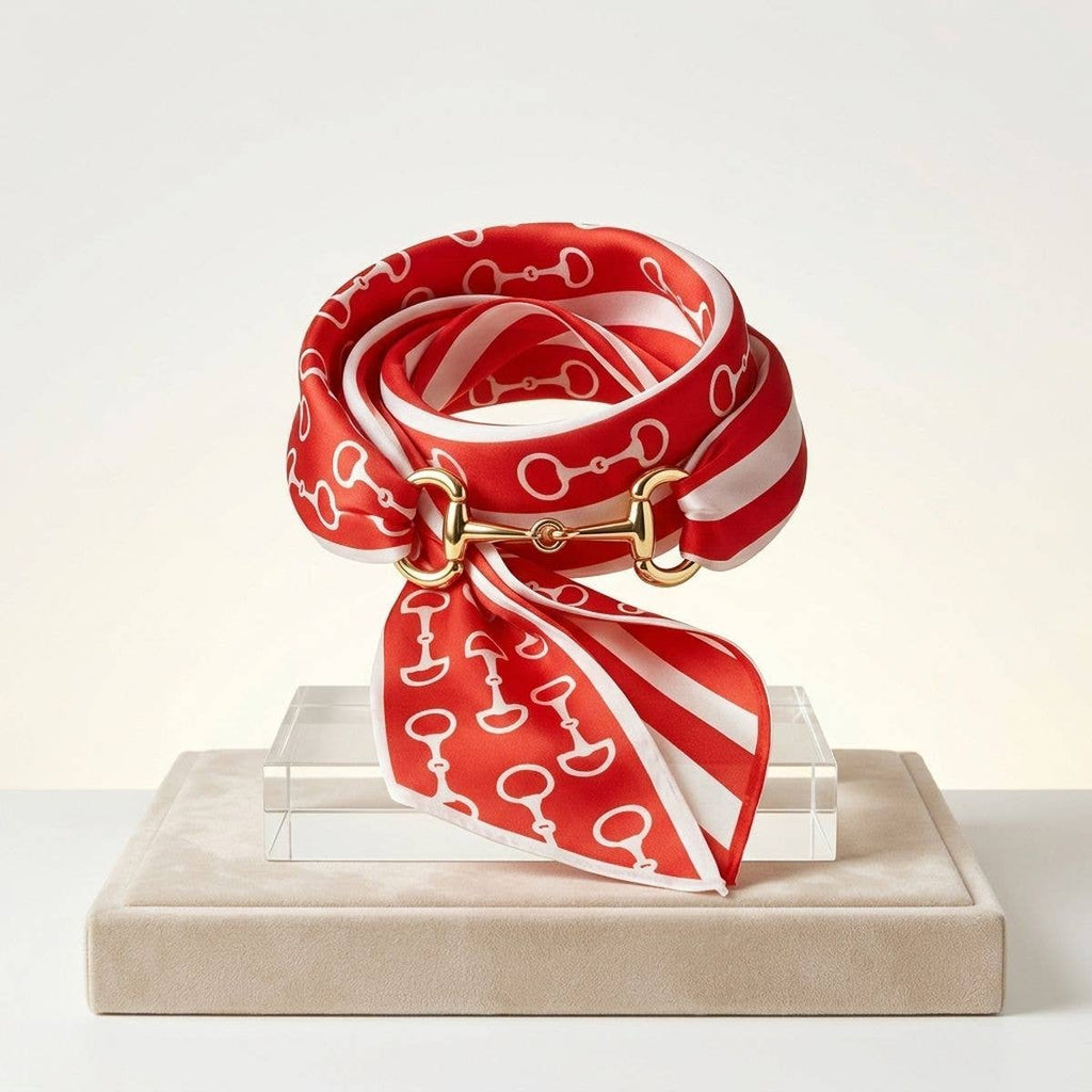 Horsebit Red White Print Silky Scarf Necklace
