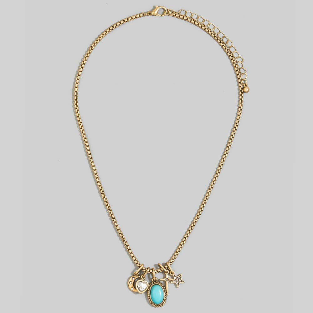 Western Turquoise & Celestial Multi-Charm Box Chain Necklace