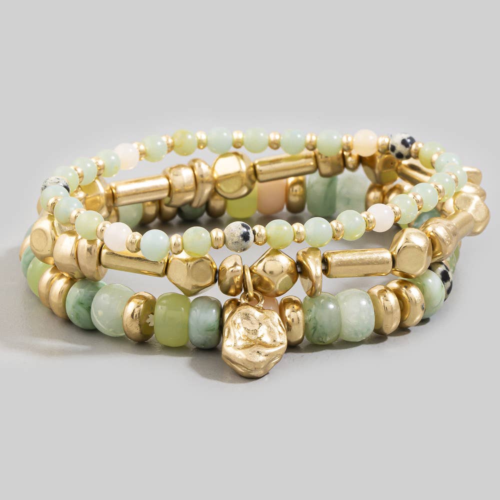 Semi Precious Stone And Metal Layered Bracelet Stack