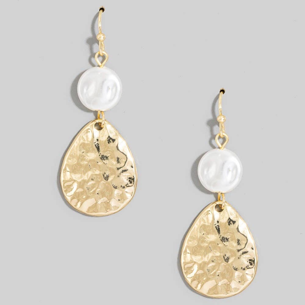 Pearl And Hammered Teardrop Drop Earrings
