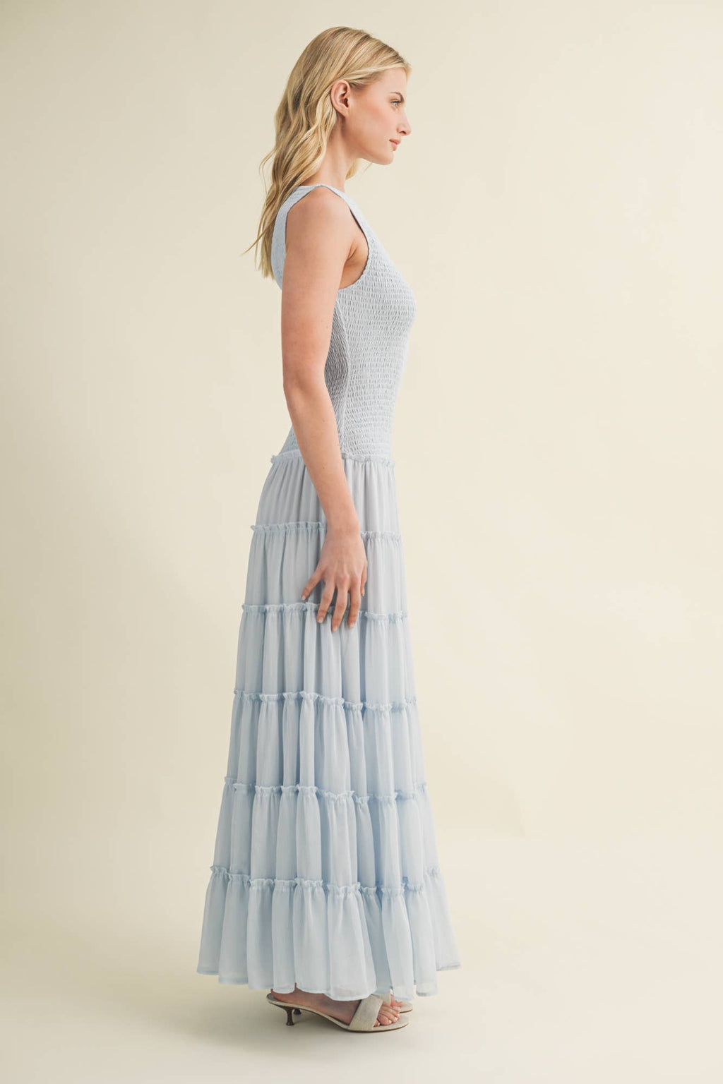Smocked Boat Neck Tiered Maxi Dress