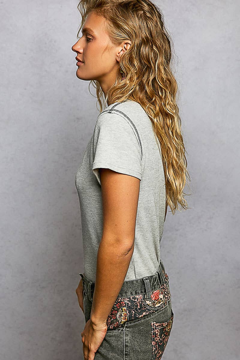 POL Short Sleeve Stitch Rib Knit Top