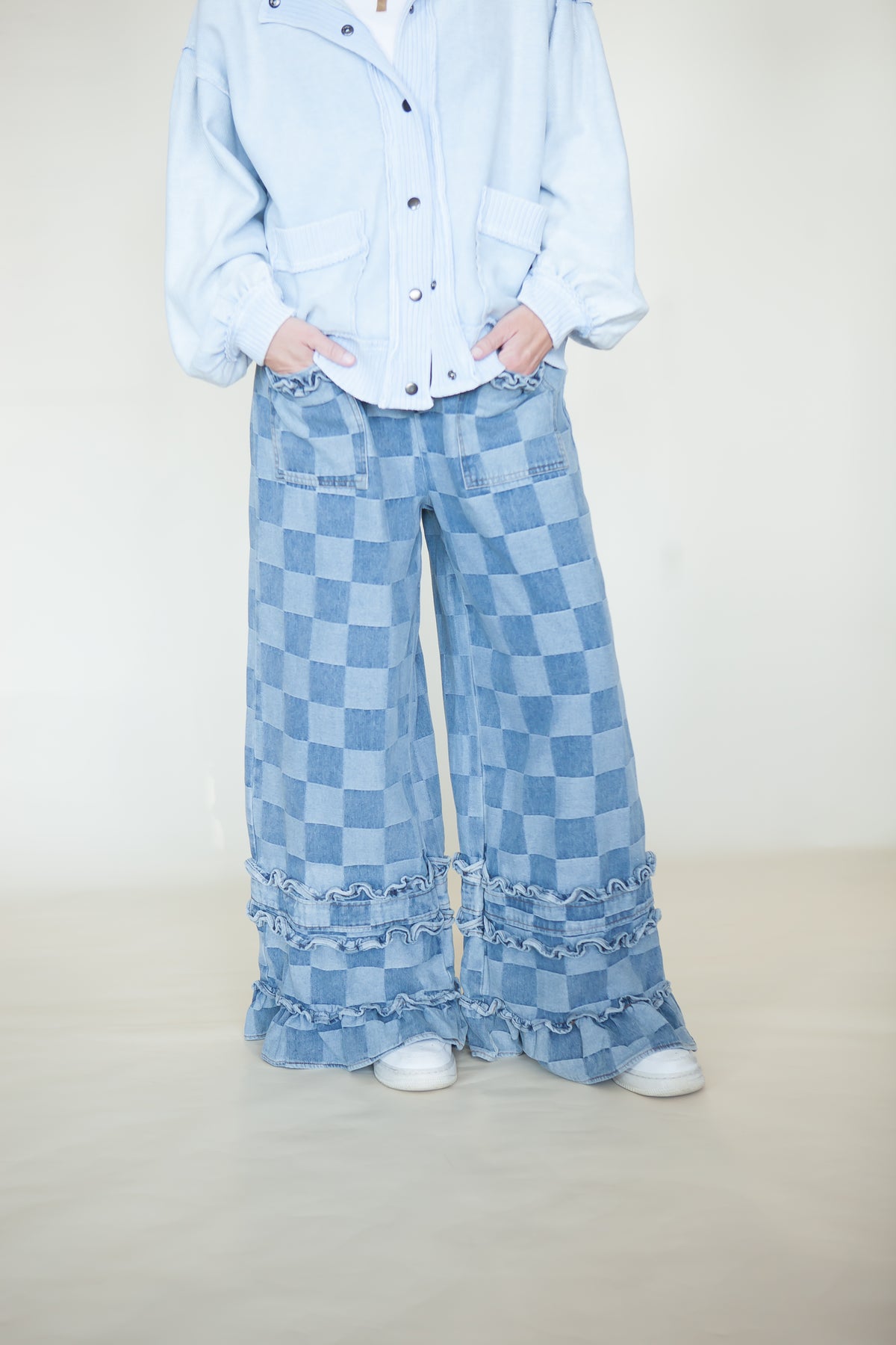 Stevie Checkered Ruffle Wide Leg Jeans