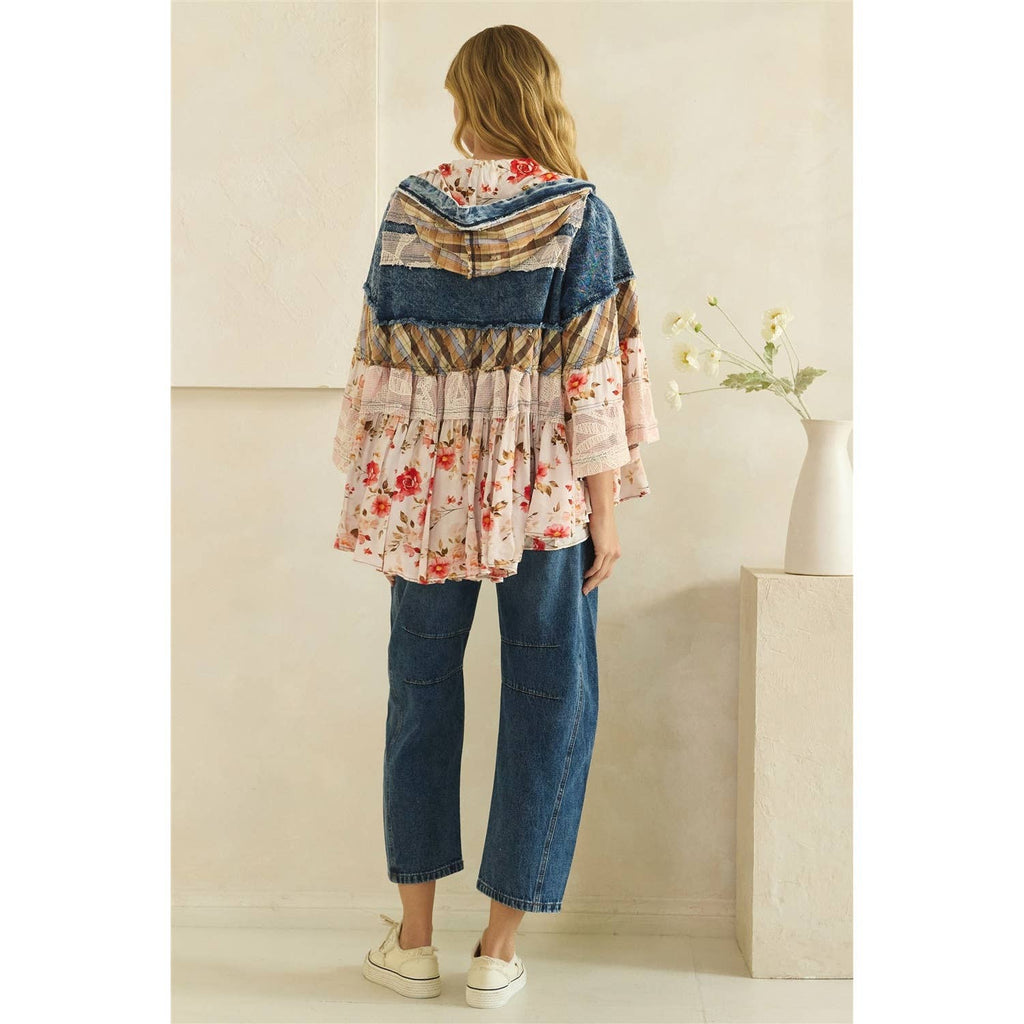 BOHO RUFFLE HOODED LACE DENIM  AND FLORAL PRINT MIX JACKET
