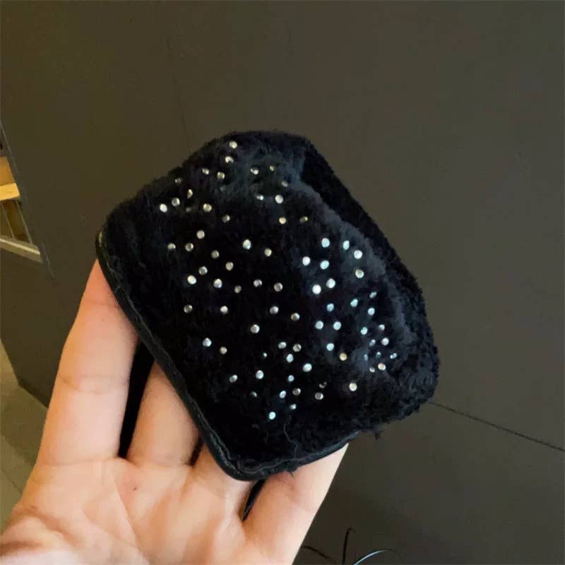 Black Faux Leather Gloves with Pearl Detail